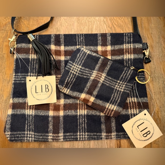 Plaid Flannel Crossbody Bag Set Black Brown w Coin Purse - Picture 2 of 4